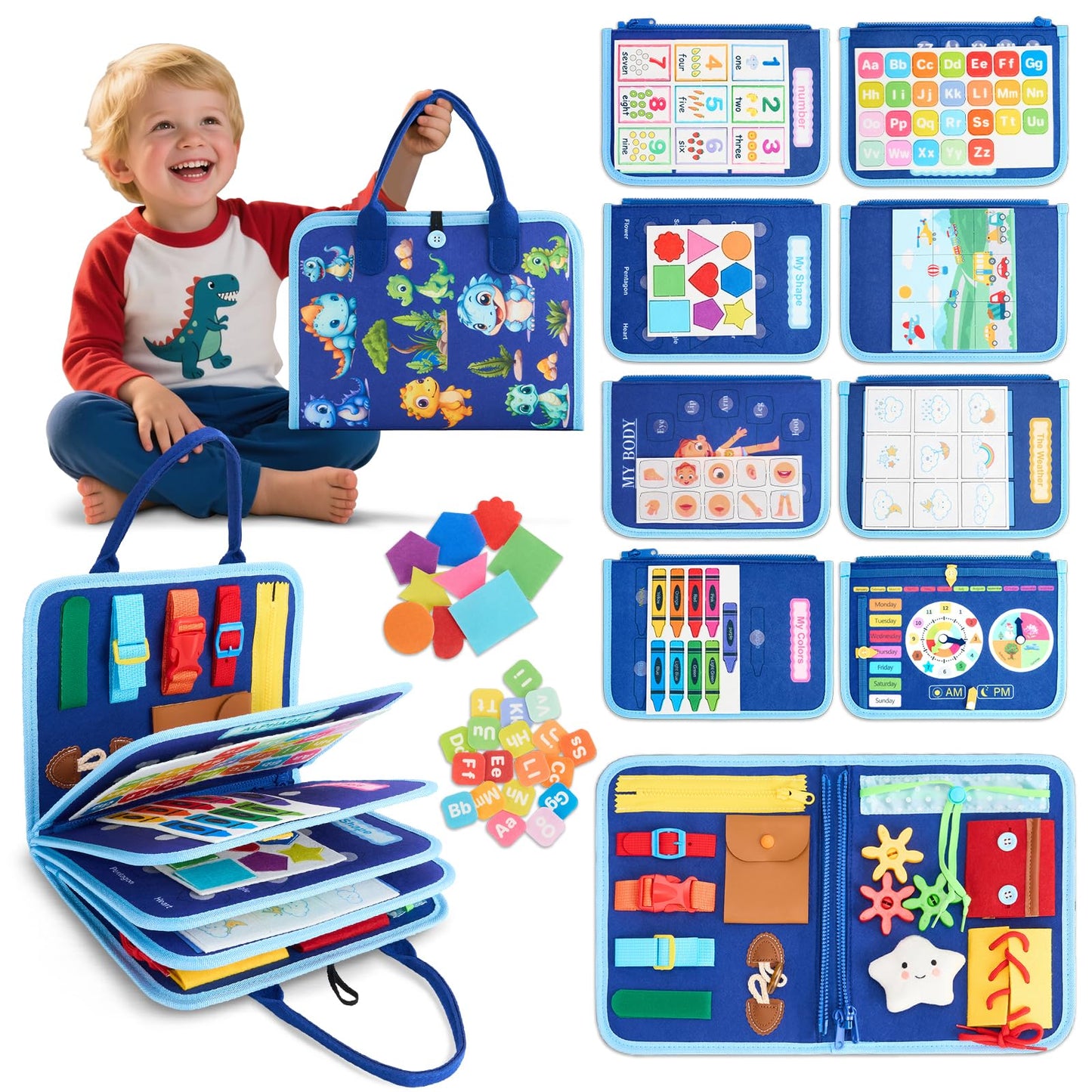 TOYSYM Toddler Busy Board Montessori Toys, Sensory Toys for 1 2 3 4 Year Old Boy, Busy Book Travel Educational Activities for Learning Fine Motor Skills Birthday Gifts (Blue Dinosaur/P10)