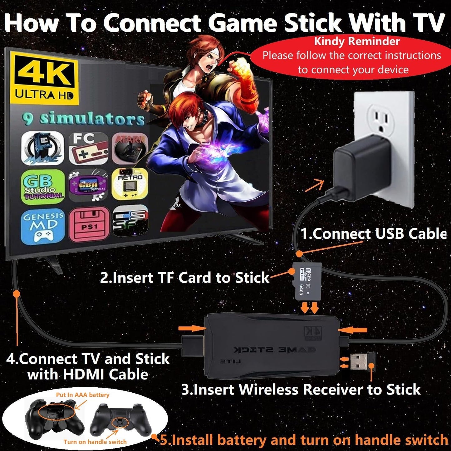 2025 Upgraded Wireless Retro gaming console, Plug & Play Video TV Game Stick with 4K HDMI Output,Built-in 9 Emulators, 20,000+ video games,with Dual 2.4G Wireless Controllers for TV Plug and Play(64G)