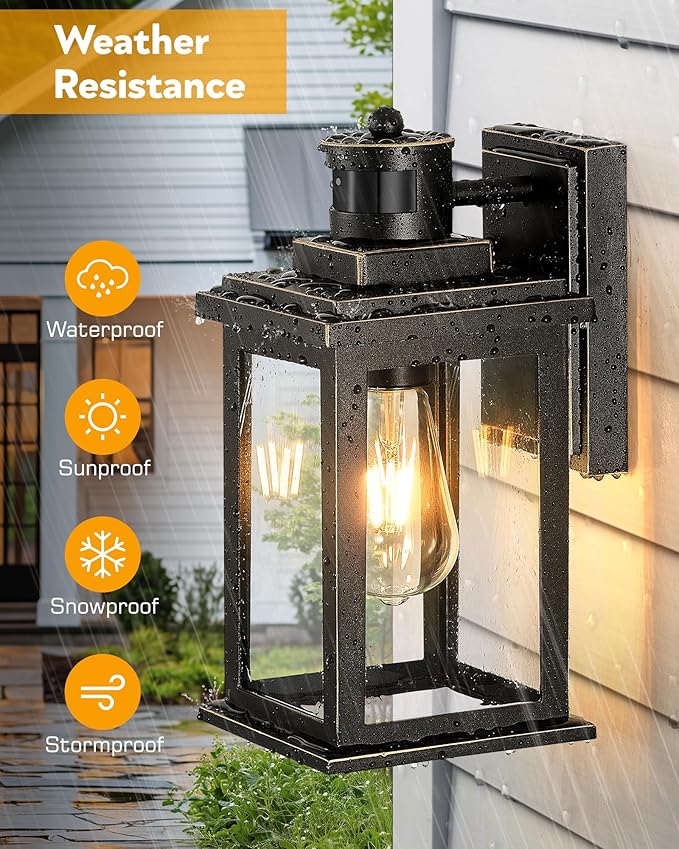 VIANIS 2 Packs Motion Sensor Outdoor Lights for House, Dusk to Dawn Front Porch Light, Black Gold Outdoor Light Fixture Sconce with Tempered Glass for House, Doorway, Entryway,Hardwired, Non-Solar