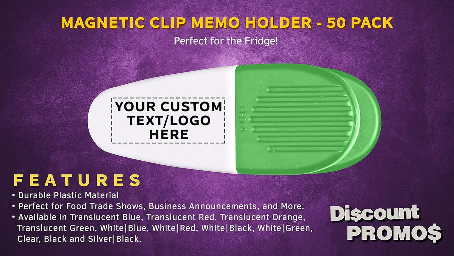 50 Magnetic Memo Holders Set - Customizable Text, Logo - Large Clip, Plastic - White Green