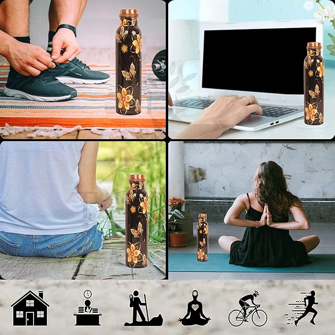 Pure Copper Water Bottle - Handcrafted - Ayurveda health benefits - Large 35 oz - Leak proof - Easy to carry for Sports, Fitness, Yoga, School - Black Base Floral Textured Colorful