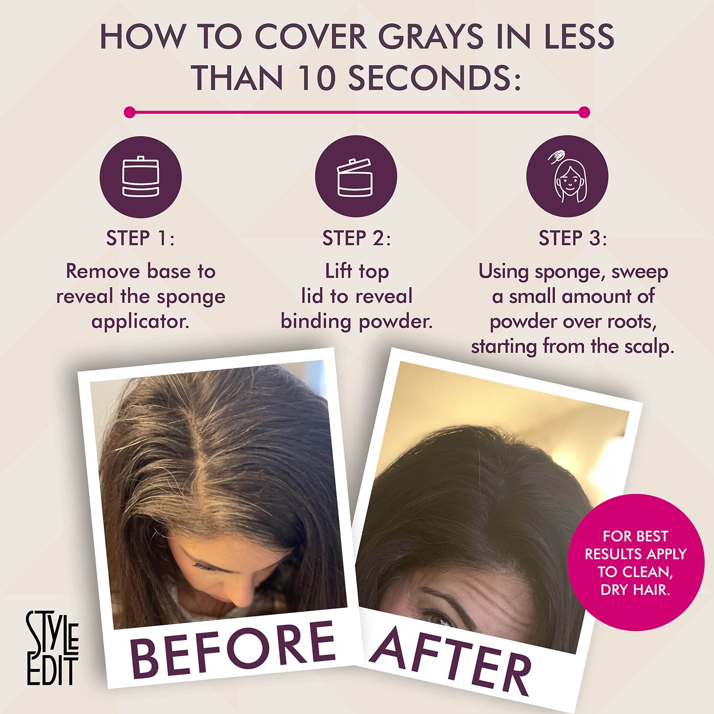 Root Touch Up Powder for Black Hair by Style Edit | Cover Color Grays and Roots Coverage Concealer Mineral Infused Binding Hairl