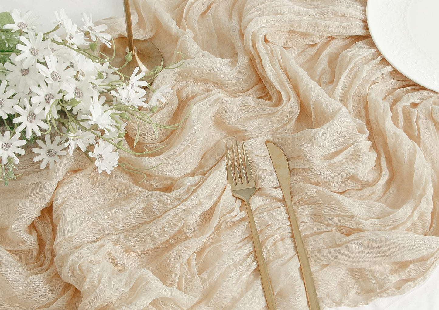 FEXIA 6 Pack Beige Gauz Table Runner 35x120 Inches for Centerpiece Table Decorations Ivory Cheesecloth Rustic Boho Table Runner for Bridal Shower Wedding Party First Communion Centerpiece Engagement