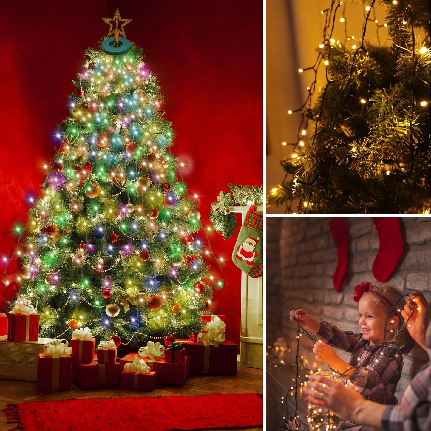 Christmas Tree Lights With Ring 9.9Ft 16 Line 544 Led Green Wire Fairy Waterfall String Light Plug In Dimmable Cascading Twinkle Lights With 8 Lighting Modes For Indoor Outdoor Xmas Tree(Multicolor)
