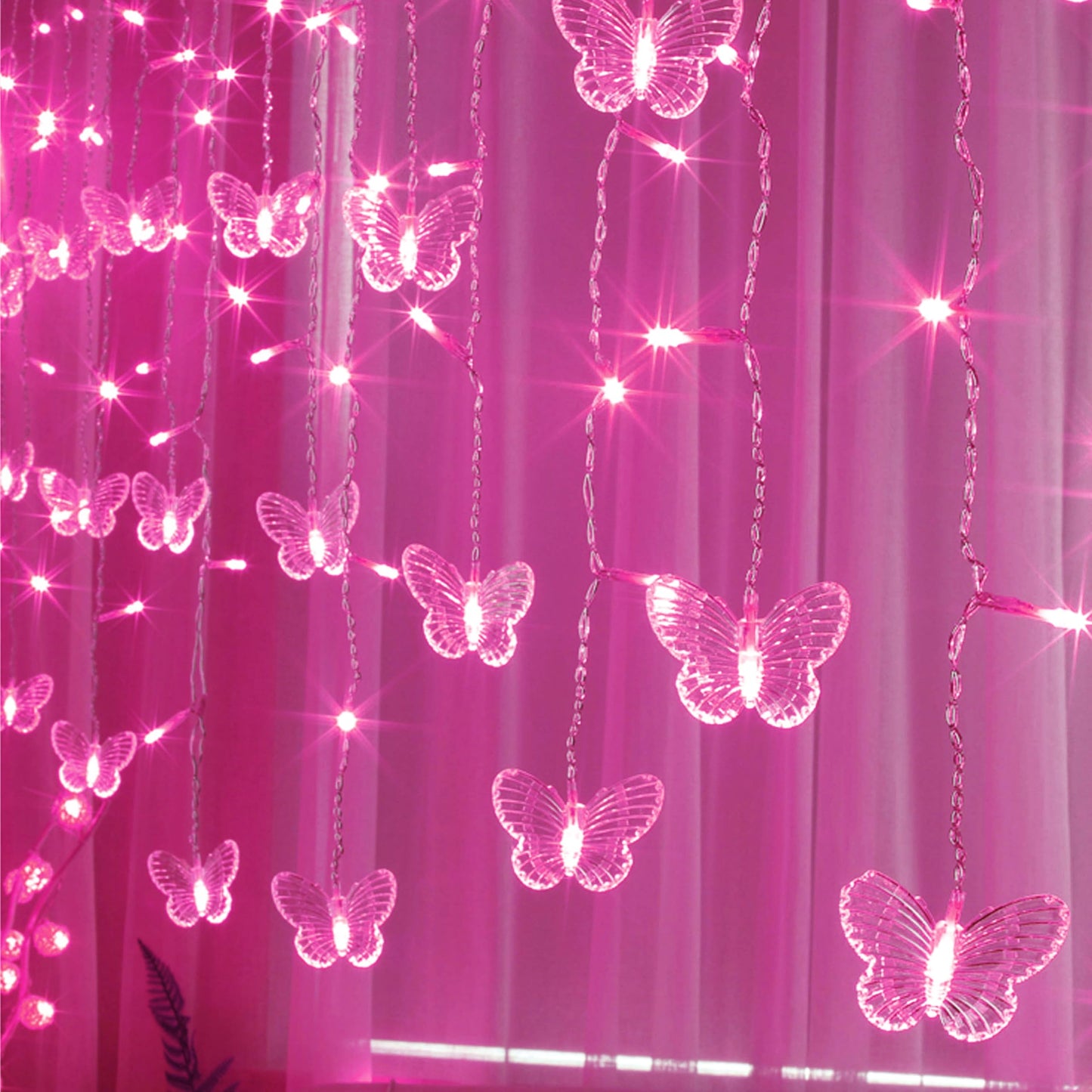 Decorman Butterfly Curtain Lights, 13ft 96 LED, USB Fairy Lights, 8 Modes, Pink, Model CLD-B-R-001
