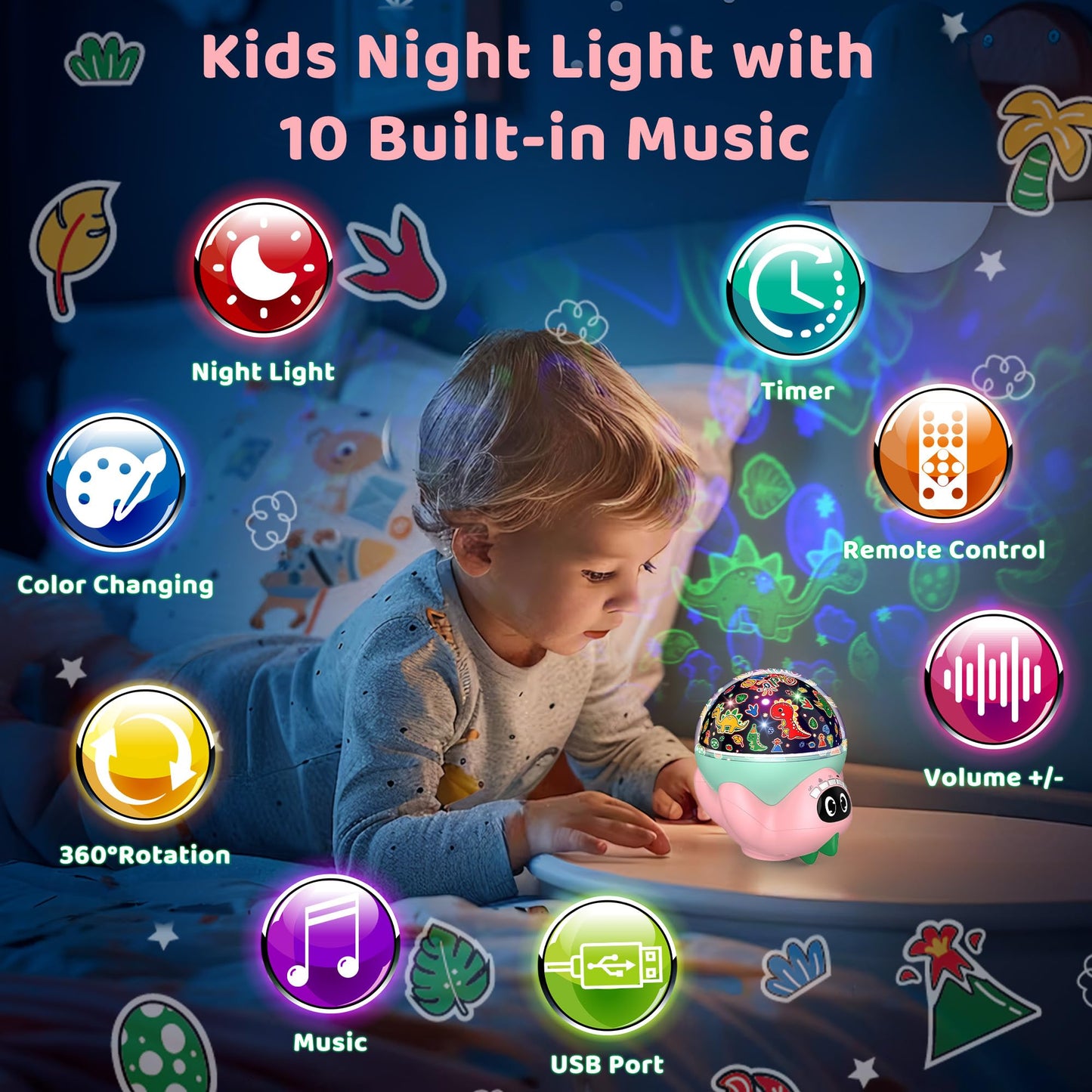 MOKOQI Dinosaur Night Light Projector, Remote Control, 10 Soothing Music, High Brightness, Pink2-Dino, Model 012-2309