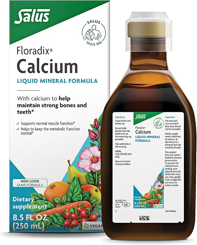 Floradix Calcium Liquid Supplement - Supports Strong Bones & Teeth* with Calcium Gluconate & Lactate - Vegan, Non-GMO - 8.5 fl oz