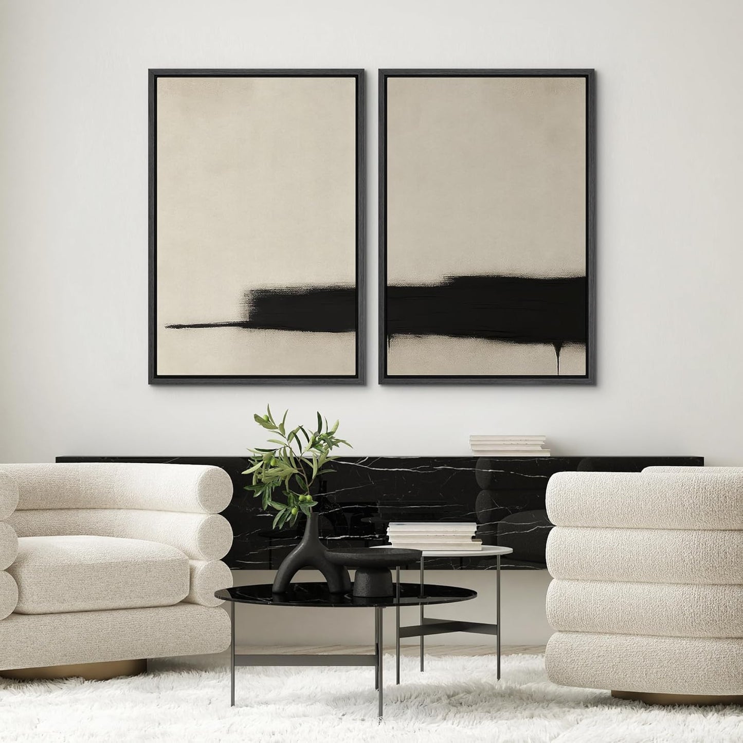 SIGNWIN Framed Wall Art Print Set Minimalist Black Brushstroke Abstract Neutral Beige and Black Illustrations Modern Art Rustic Relax/Calm for Living Room, Bedroom, Office - 16"x24"x2 BLACK