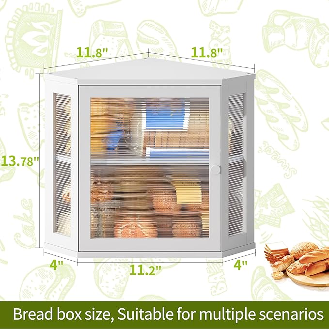 BMOSU Corner Bread Box for Kitchen Countertop Double Layer Bamboo Wooden Bread box Large Capacity Bread Storage Bin(White, Medium)