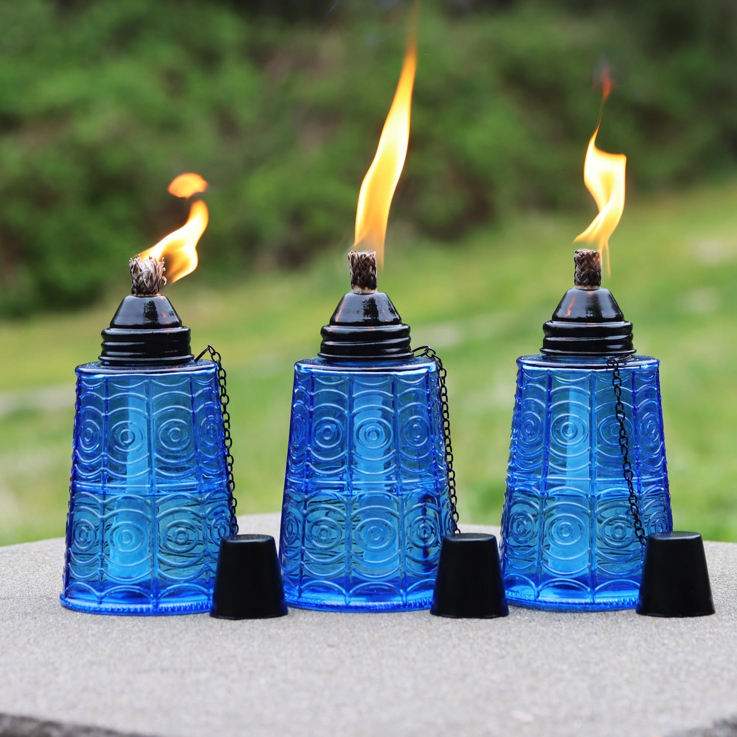 Seraphic Citronella Table Top Torches, Set of 3, 16oz Decorative Glass Candles, Cobalt Blue for Outdoor Patio and Garden