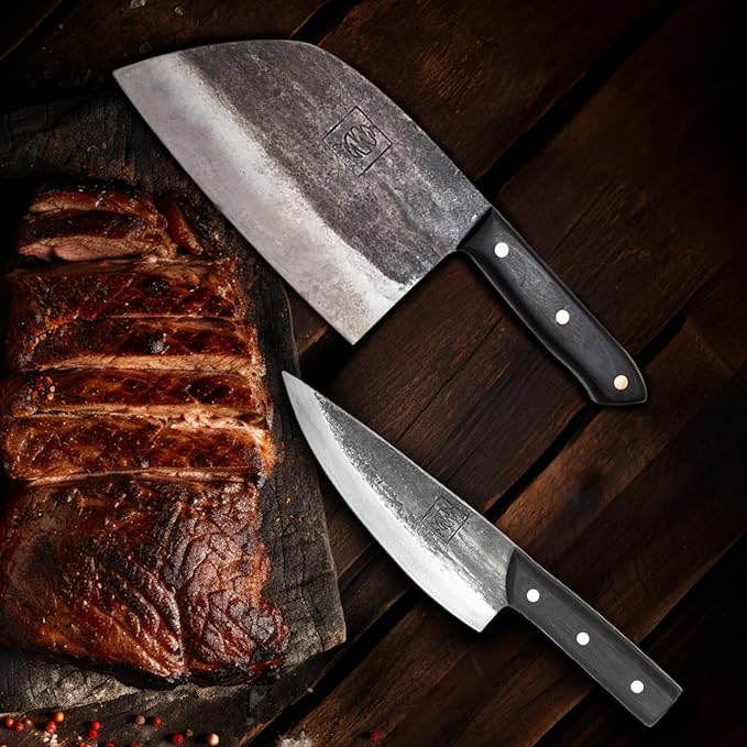 COOLINA Knife Set – Promaja Hand-Forged Butcher Knife & Tungsten Chef Knife Bundle – Full Tang Carbon Steel Cleaver and Cooking Knife with Wooden Handles – Professional Kitchen & BBQ Knives