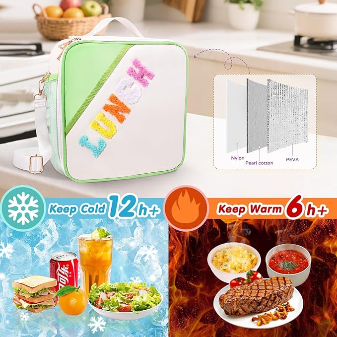 Lunch Bag Kids,Insulated Lunch Bag With Adjustable Shoulder Strap,Reusable Lunch Bag for Kids, Girls,Boys, lunch Bag Women,Preppy Lunch Box for School,Travel, Picnic (green)