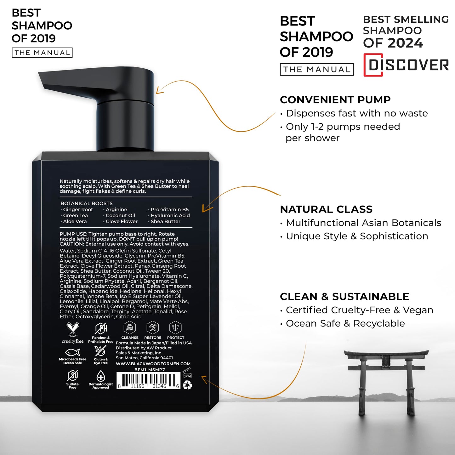 Blackwood For Men Hydroblast Moisturizing Shampoo - Men's Shampoo for Coarse, Dry, & Curly Hair-Infused with Ginseng & Ginger -