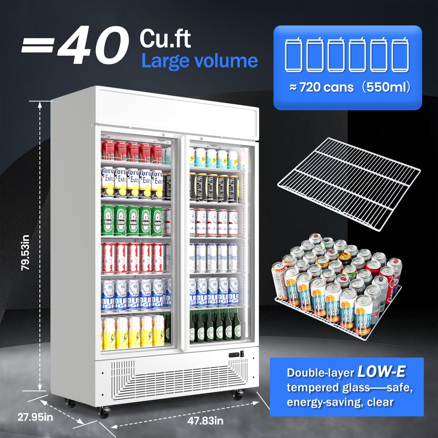 BINGERMA Commercial Merchandiser Display Refrigerator 40 Cu.ft. with 2 Glass Doors ETL Drink Cooler Beverage Fridge for Bars,Restaurants, Convenience Stores, Supermarkets and Offices White