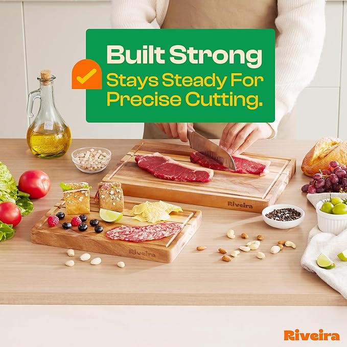 Riveira Cutting Board Set of 2 – Wooden Cutting Boards for Kitchen in 2 Sizes – Premium Walnut, Maple & Cherry Wood Cutting Board – Durable Wood Cutting Board with Juice Grooves