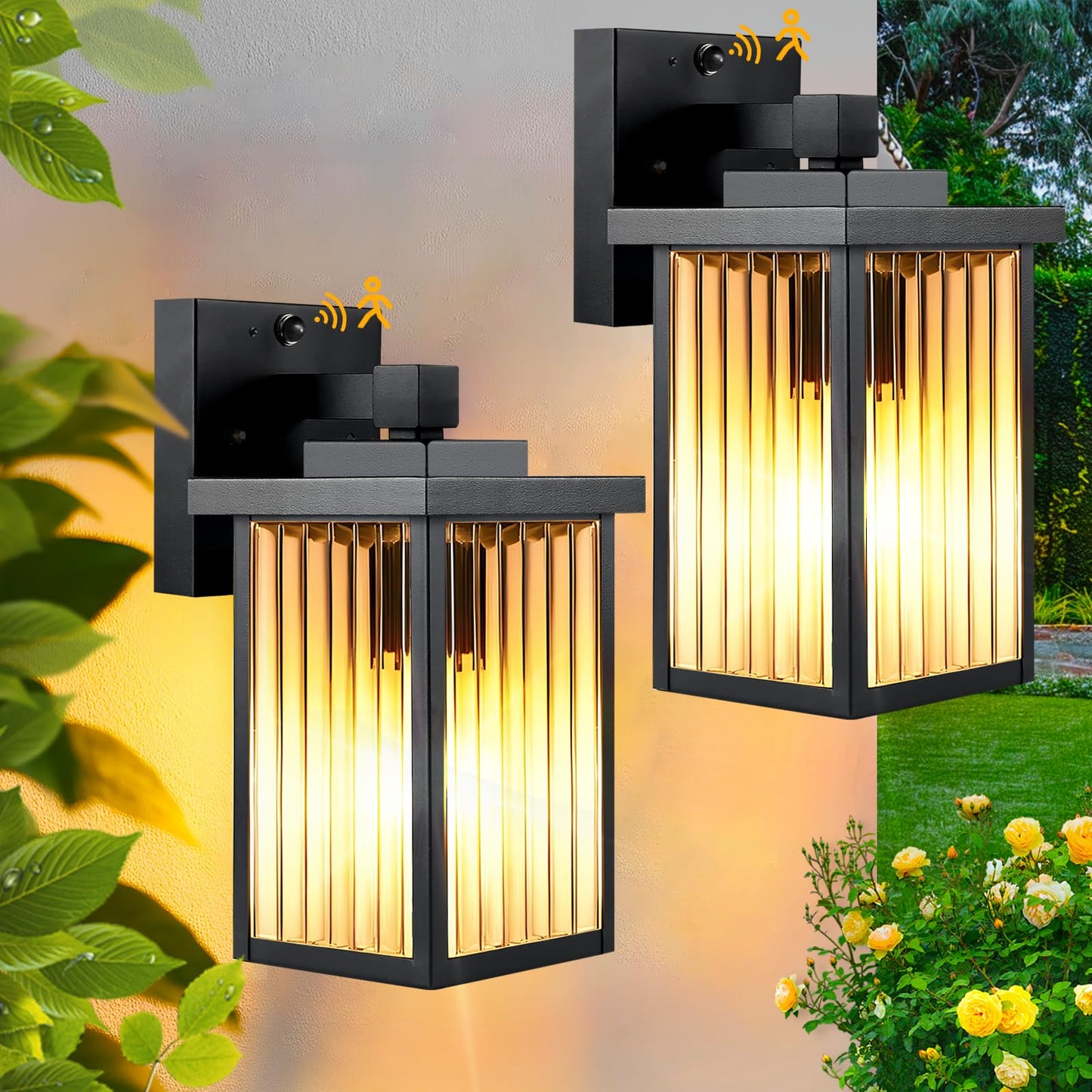Hameso 2 Pack Outdoor Motion Sensor Lights  Dusk To Dawn Outdoor Wall Light Fixtures  Waterproof Exterior Lighting For Front Porch  Garage  Entryway  Yard  House (Black)