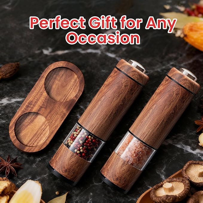 Rechargeable Electric Salt and Pepper Grinder Set – Automatic Salt and Pepper Shakers with Wood Base, Adjustable Coarseness, LED Light, One-Hand Operation Salt and Pepper Shakers Set