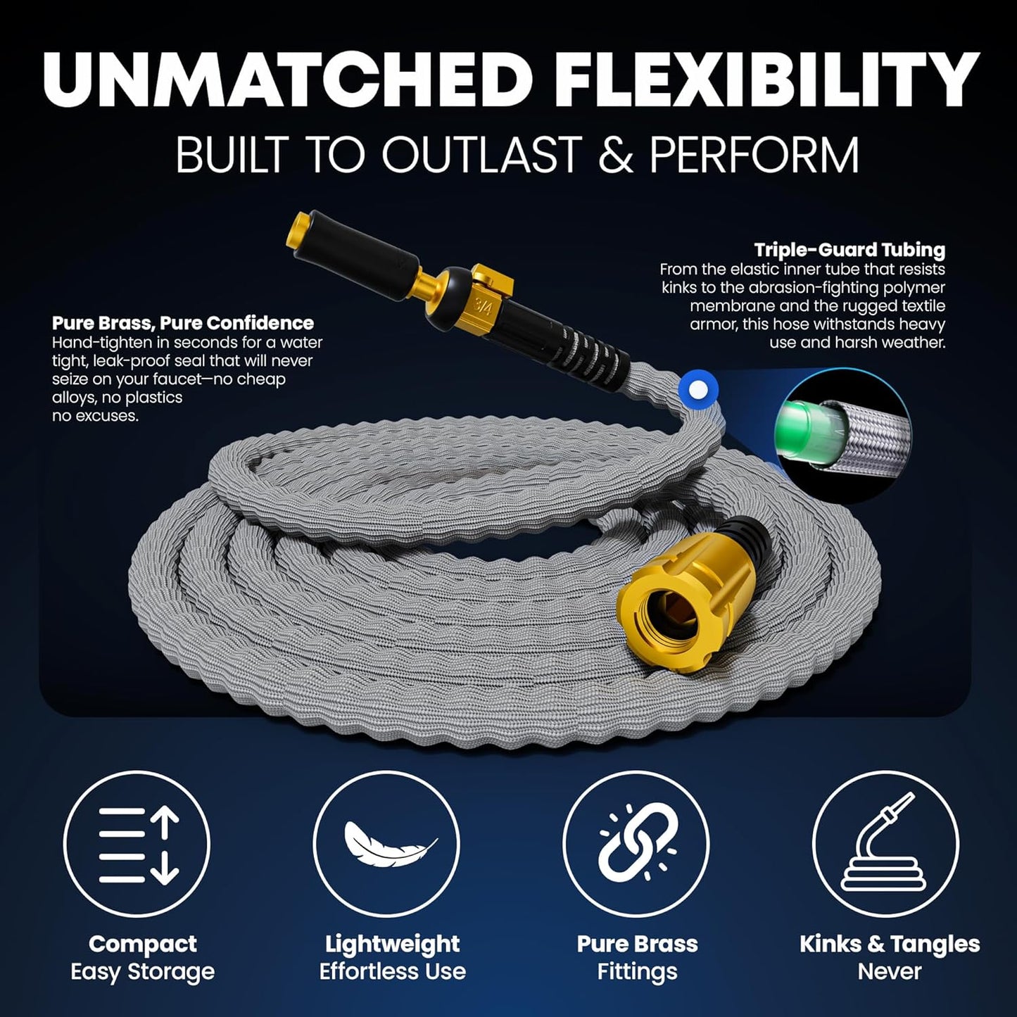 TITAN Flexible Garden Hose 7FT – Ultra Lightweight, Heavy Duty Water Hose with Brass Fittings & Jet Nozzle – Kink-Free, Non-Expanding, Durable Fabric Hose for Yard, Lawn, Car Wash, Outdoor Use