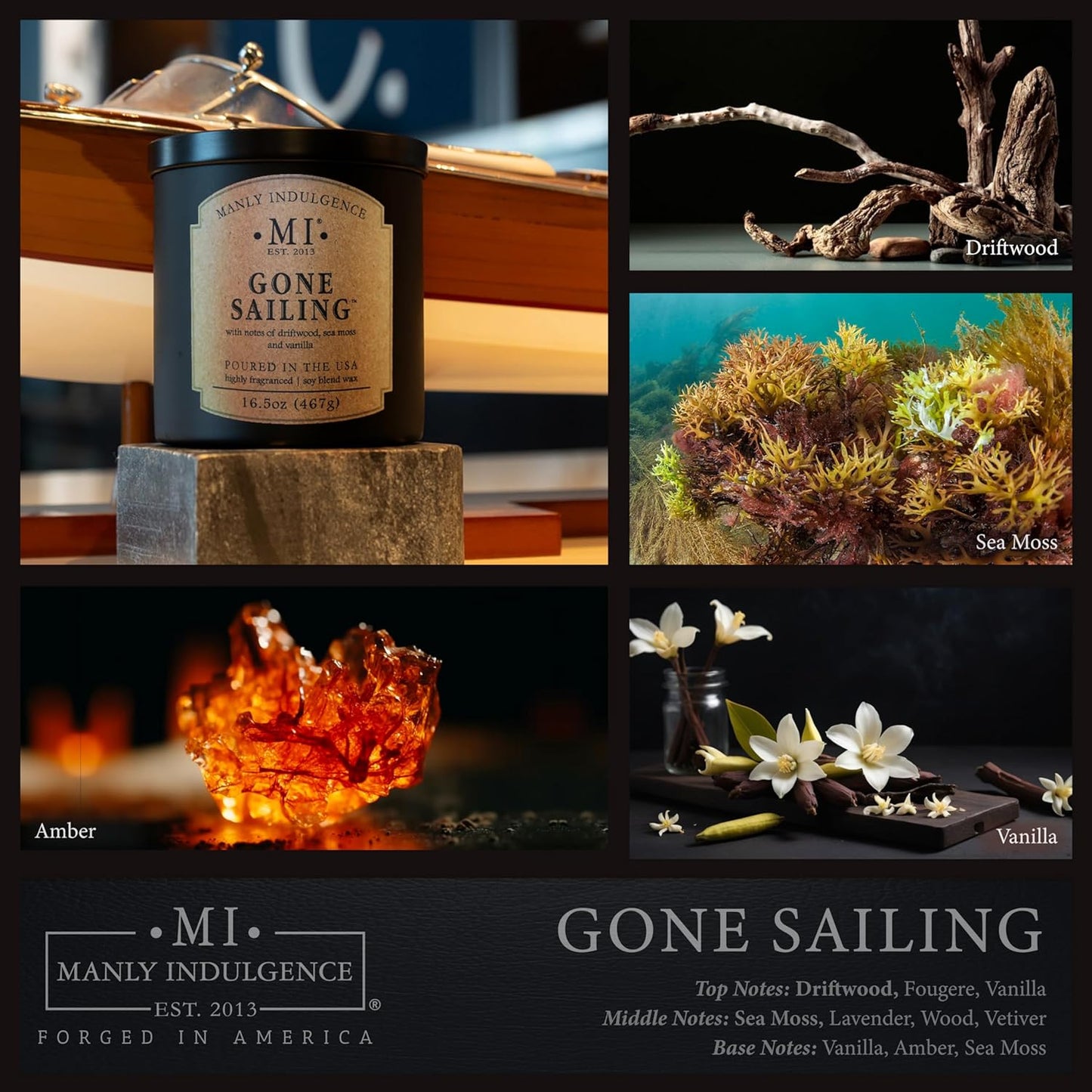 Manly Indulgence Gone Sailing Scented Candles for Men, 2 Wick, 16.5 oz, Premium Soy Blend Wax, 60H Burn, Candles for Home Scented - Made in The USA
