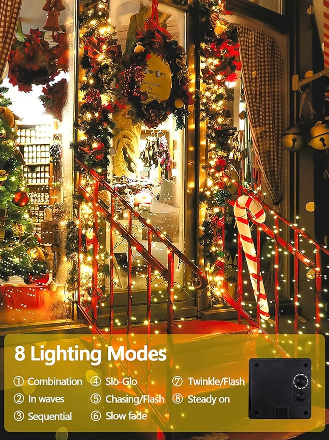 6 Pack 600 LED Solar String Lights for Outside, Solar Christmas Lights Outdoor Waterproof, Green Wire Twinkle Light with 8 Lighting Modes for Xmas Tree Wedding Party Garden Decorations (Warm White)