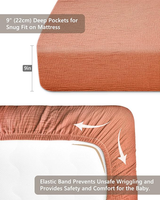 Crib Sheets for Boys Girl, Fitted Baby Toddler Bed Sheets 28" x 52", Neutral Muslin Cotton Crib Mattress Bedding Soft and Breathable Comfort (Brick)