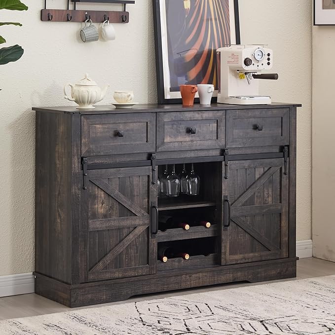 Farmhouse Bar Cabinet with Wine Rack 54" Coffee Buffet Cabinet with Sliding Barn Doors, Adjustable Shelves Rustic Buffets & Sideboards with 3 Drawers for Dining Room/Kitchen, Black