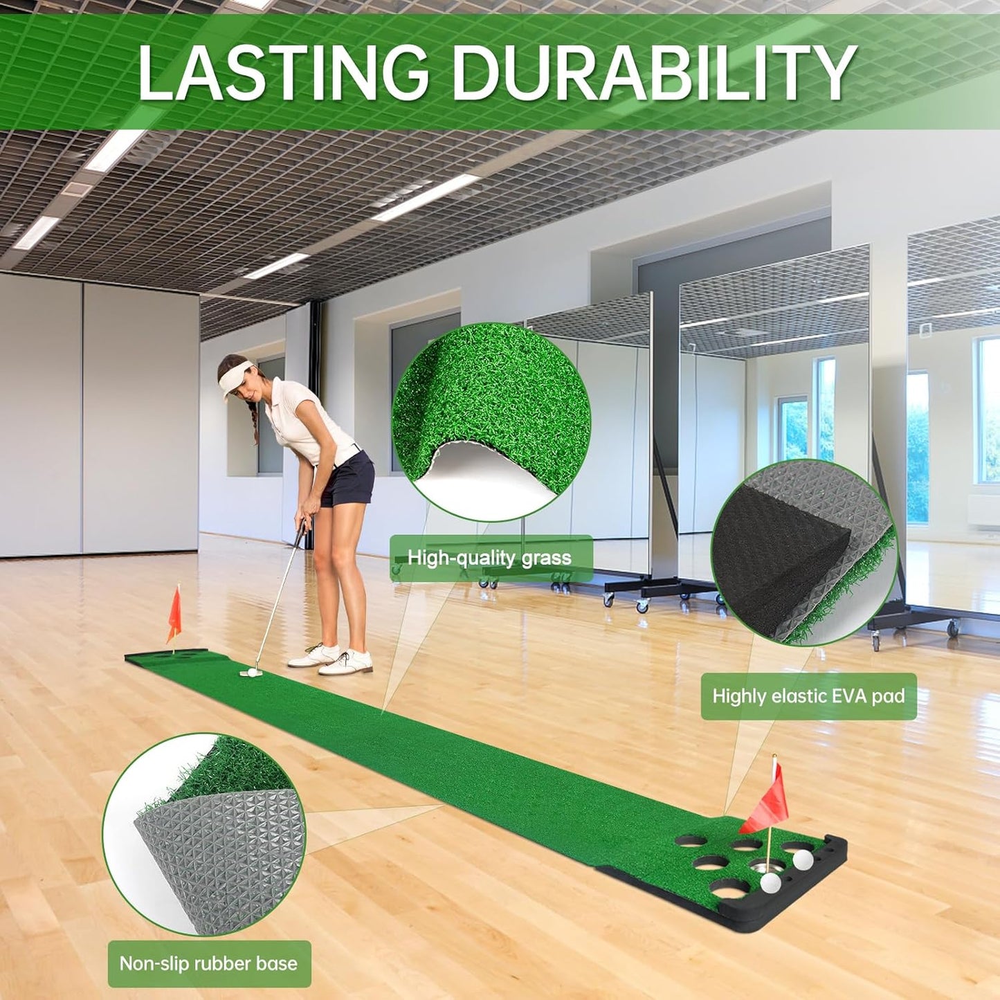 Golf Putting Game Set with Front Border for Indoor & Outdoor,Golf Putting Green Mat Include 4 Balls,1 Portable Bag,2 Flags&Cups,Practice Training Aid for Backyard,Party,Office