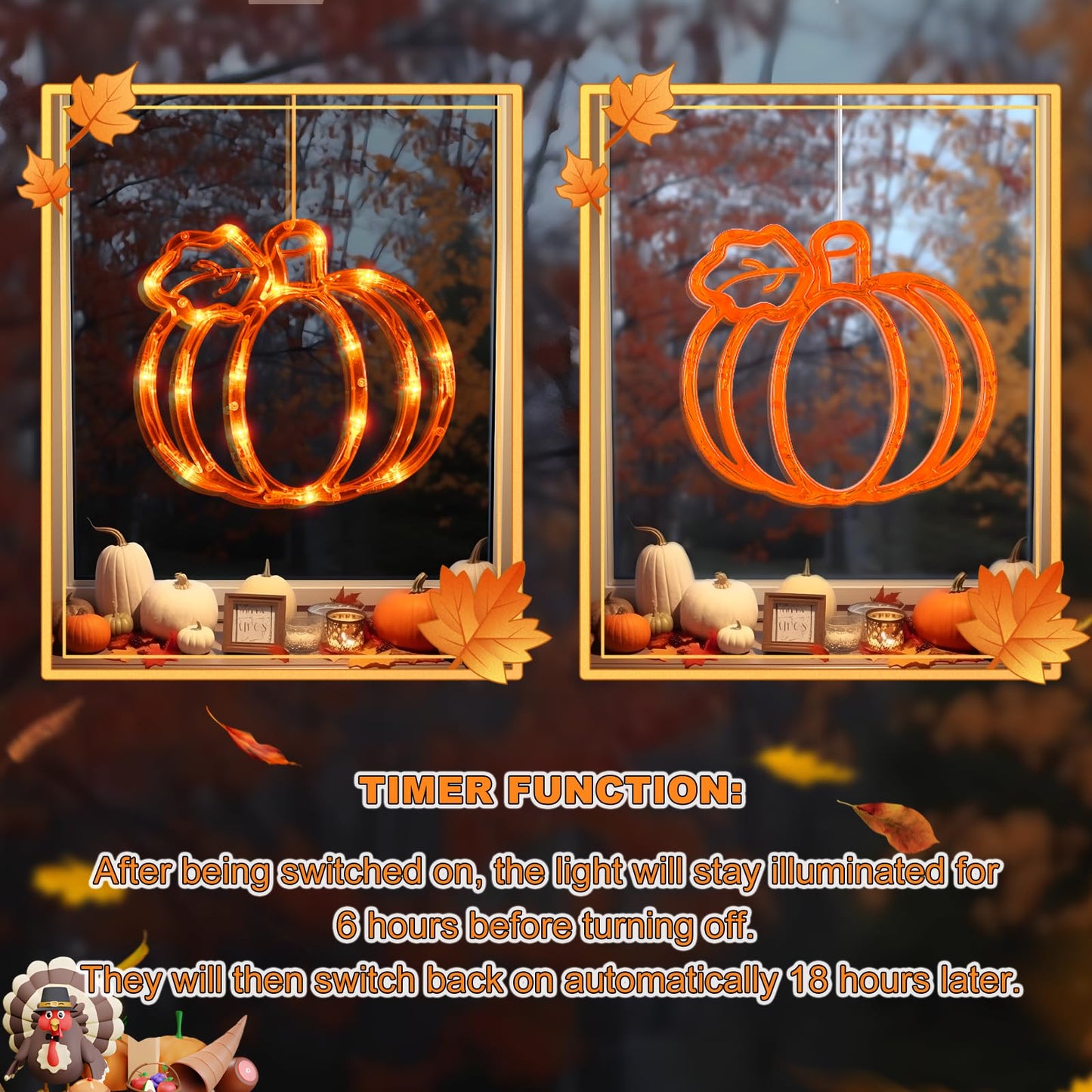 Lolstar Fall Decor Window Lights 2025 Thanksgiving Decorations Acorn Maple Leaves Pumpkin Led Lights With Suction Cups Battery Operated(unique design) Slow Fade Mode Timer Autumn Decorations For Home