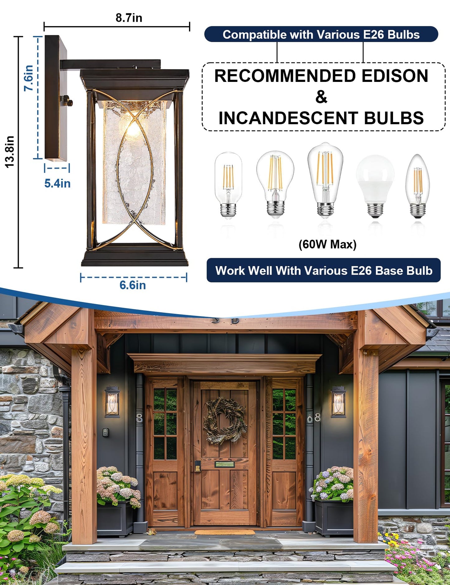 Delicavy Dusk To Dawn Outdoor Wall Light Black With Gold Trim Modern Exterior Sconce Aluminum Waterproof Coach Light Fixture With  -Like Glass Outside Wall Lantern For House Garage Porch Lighting