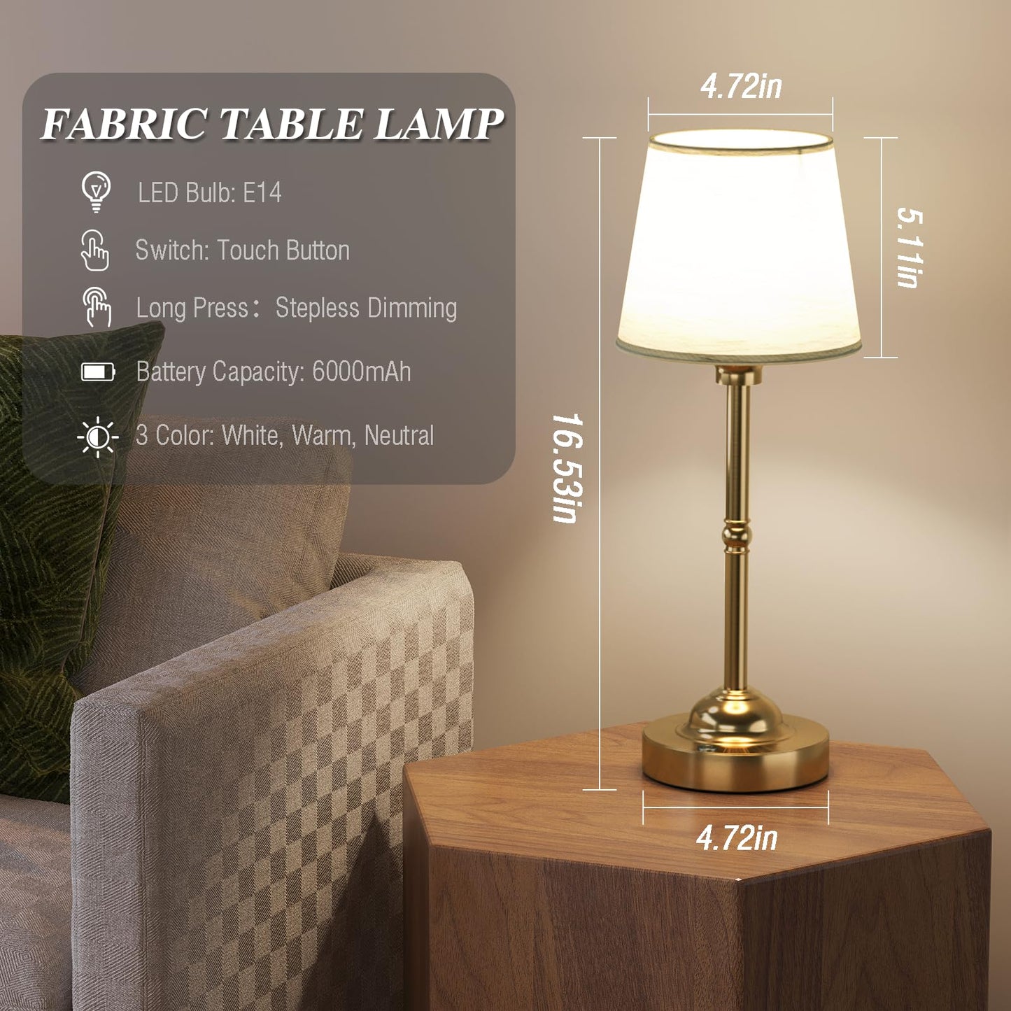 CHLORANTHUS Cordless Table Lamp, 6000mAh Rechargeable, Stepless Dimming, 2 Pack, Khaki, Fabric, Ideal for Bedroom and Camping