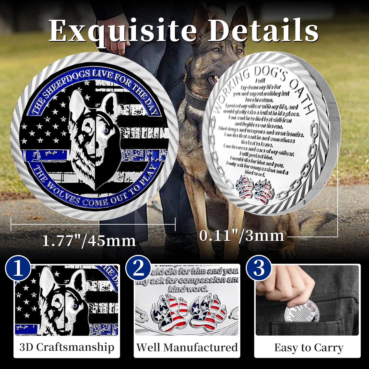 ASmileIndeep Police Dog K9 Challenge Coin Thin Blue Line Police Officer Canine Prayer Coins Gift