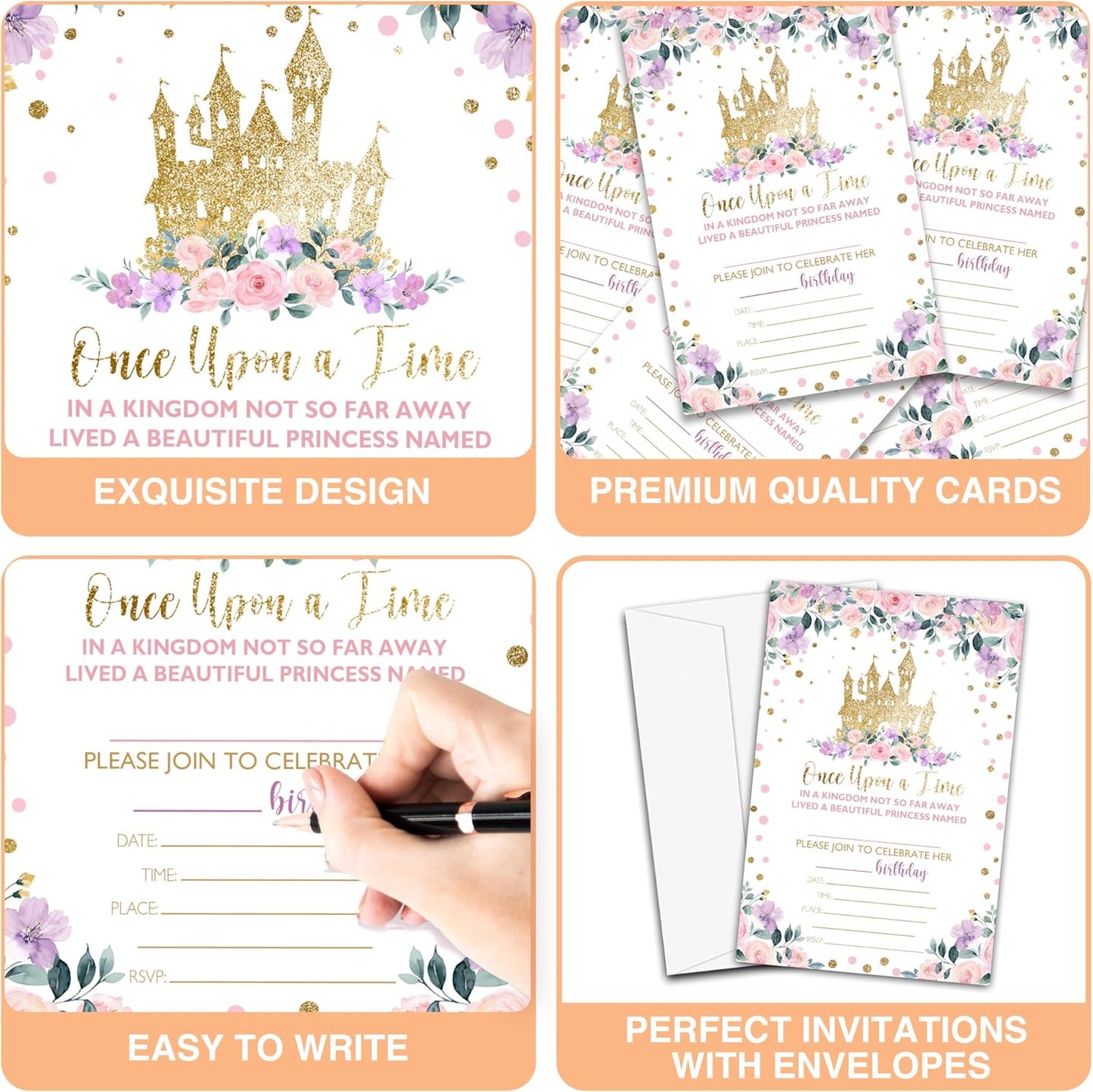 Princess Birthday Invitations for Girls, 20-Count Birthday Party Invitations With Envelopes, Magical Kingdom Castle Style Birthdays Party Decorations And Supplies-HBYQK-A01