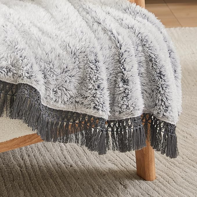 EMME Fuzzy Blanket Soft Fleece Throw Blankets for Women, Fluffy Sherpa Throws(Tassel Grey,50"x60")