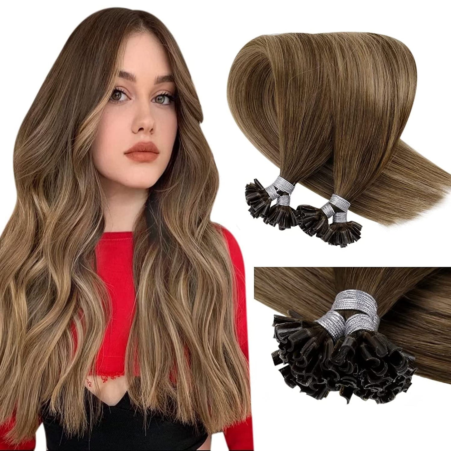 LaaVoo U Tip Hair Extensions Human Hair Balayage Brown K Tip Hair Extensions Real Human Hair Light Brown Mix Golden Brown Ktip H