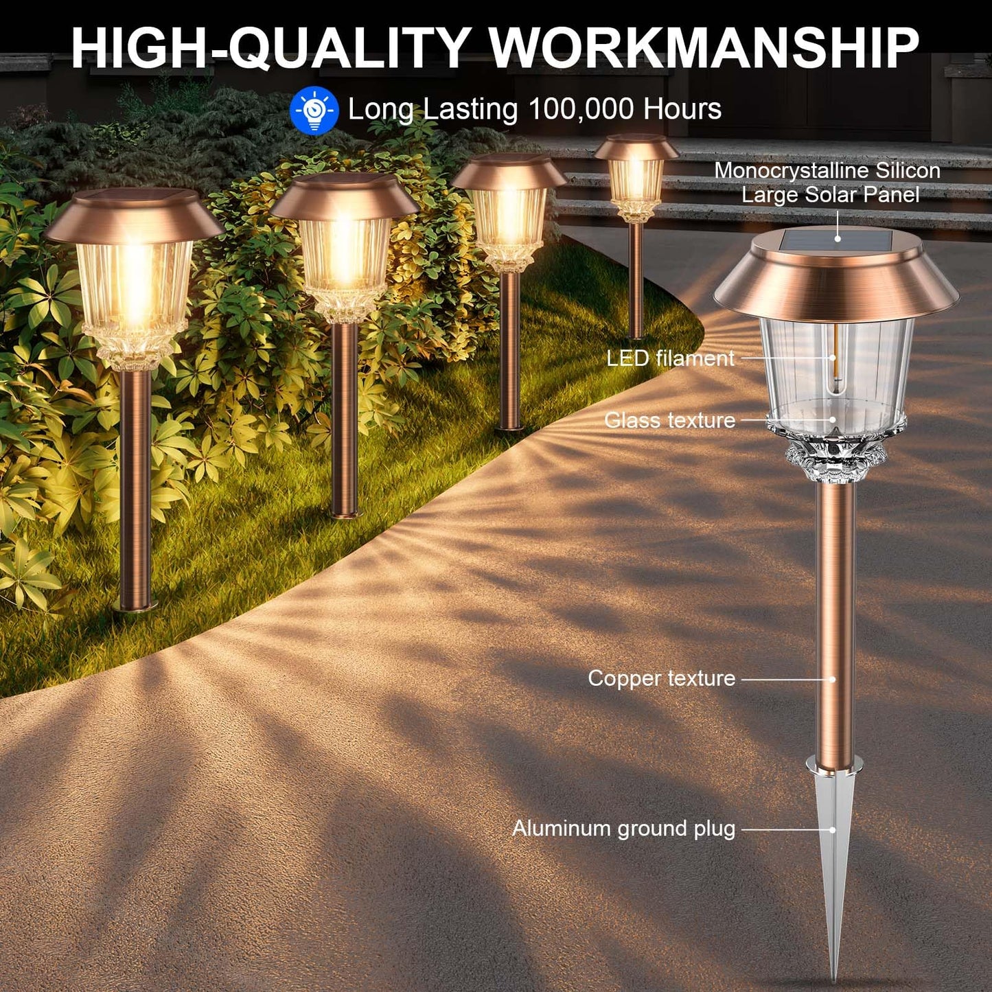 XMCOSY+ Solar Pathway Lights - 6 Pack Waterproof Dimmable 10-40 LM Warm White Aluminum Copper SL-1802-06