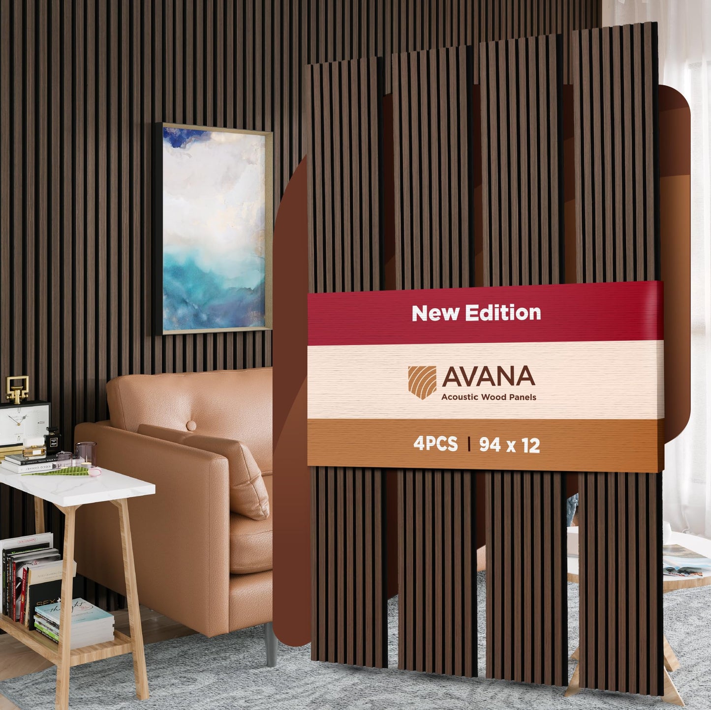 Avana Acoustic Wood Wall Panels - 94.4 x 12.6 Inch Dark Walnut Acoustic Panels 4 PCs - Wall Panels For Interior Wall Decor for H