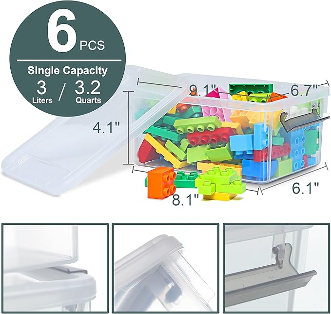 Citylife 6 Packs Small Storage Bins with Lids 3.2 QT Plastic Storage Containers for Organizing Stackable Clear Storage Boxes