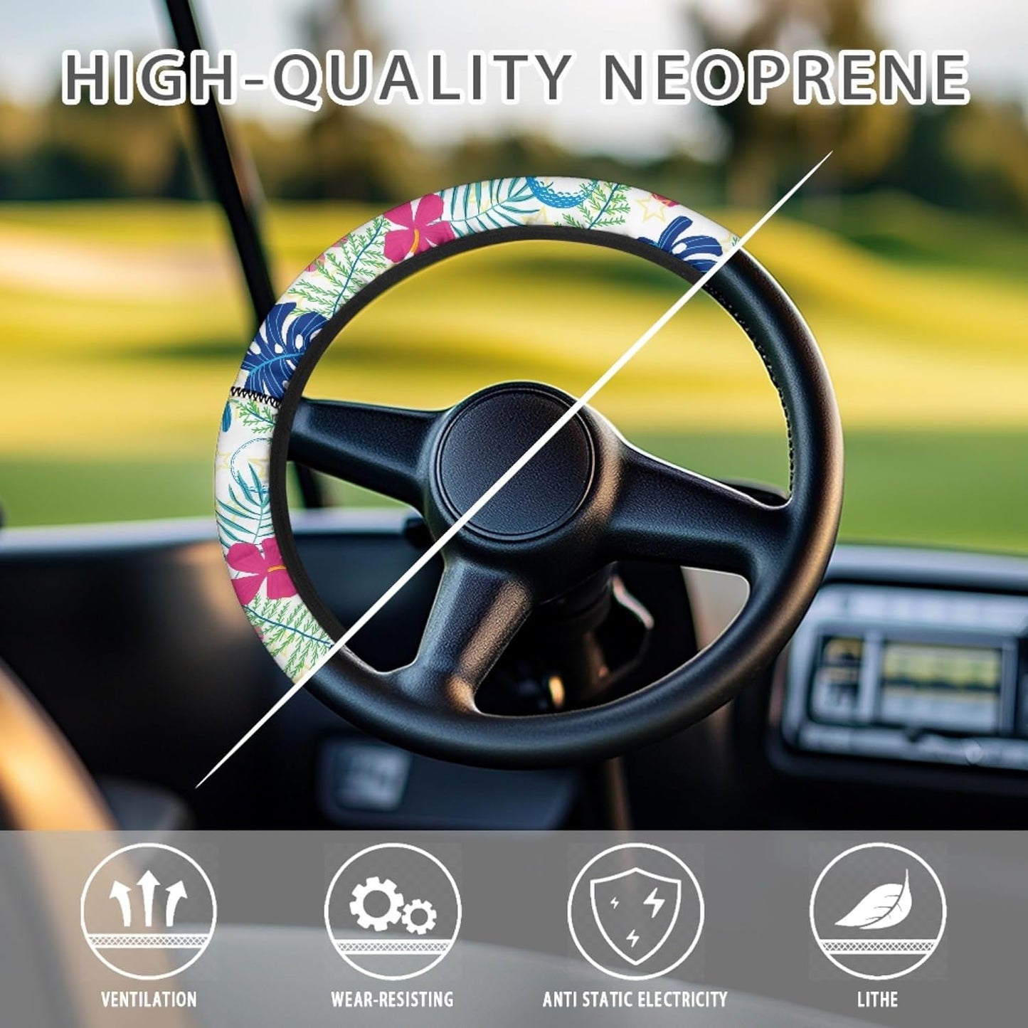 Palm Leaves Golf Cart Steering Wheel Cover 13 Inch - 14 Inch Neoprene Golf Cart Steering Wheel Covers Floral Elastic Golf Cart Accessories for Club Car Boat Steering Wheel Cover