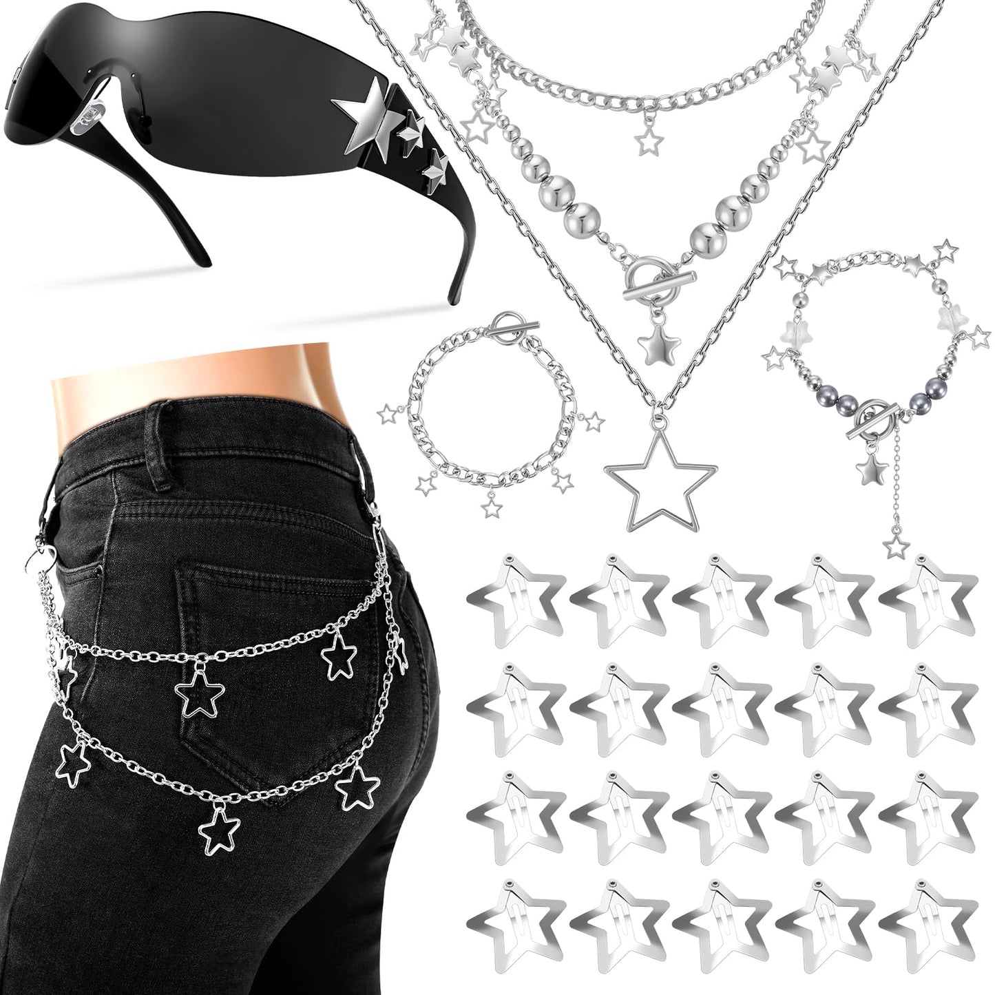 Y2k Accessories Set Included Star Y2k Silver Necklace Grunge Layered Necklace Hip Hop Pants Chain Y2K Sunglasses Star Hair Clip Y2k Silver Hair Clips Vintage Jewelry Set