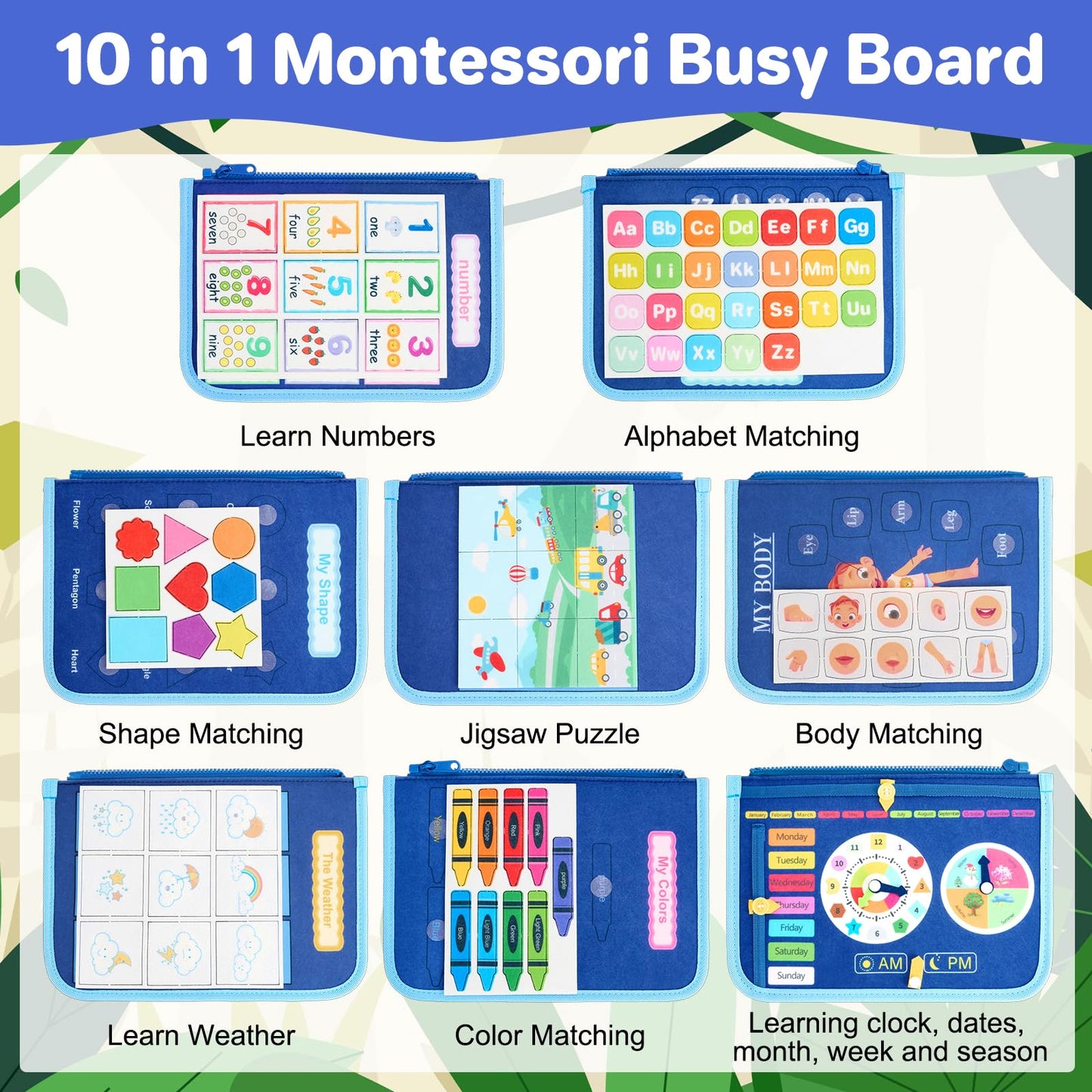 TOYSYM Toddler Busy Board Montessori Toys, Sensory Toys for 1 2 3 4 Year Old Boy, Busy Book Travel Educational Activities for Learning Fine Motor Skills Birthday Gifts (Blue Dinosaur/P10)