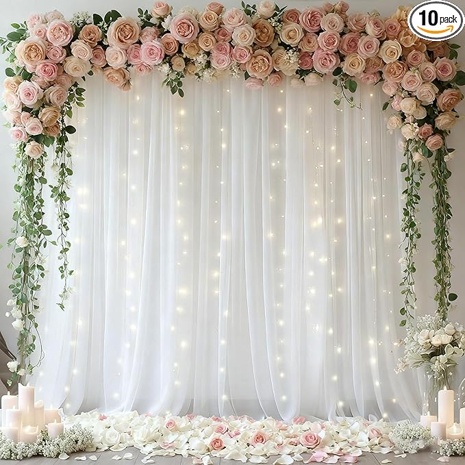 10x10ft White Tulle Backdrop Curtain with Lights String for Parites, Sheer Photo Backdrop Drapes with Lights for Wedding C...