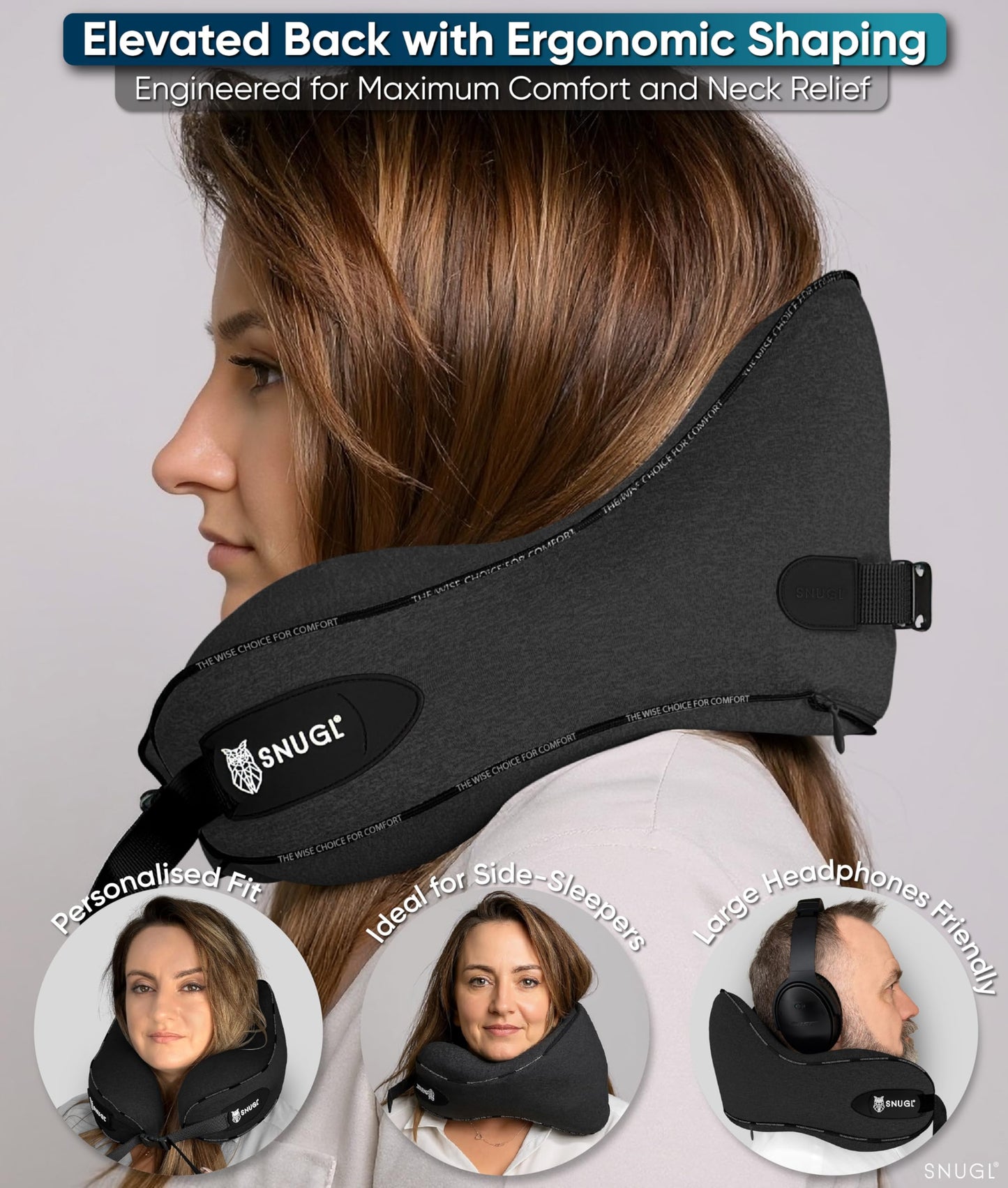 SNUGL Travel Pillow – Memory Foam Pillows - Airplane Neck Pillow with Carry Bag & Clip – Neck Support Travel Pillows - Airplane Essentials (Adult Regular - Black)