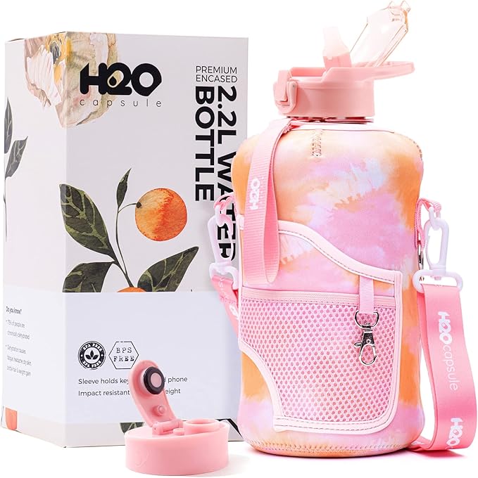 H2O Capsule 2.2L Half Gallon Water Bottle with Storage Sleeve and Removable Straw – BPA Free Large Reusable Drink Container with Handle - Big Sports Jug, 2.2 Liter (74 Ounce), Warm TieDye