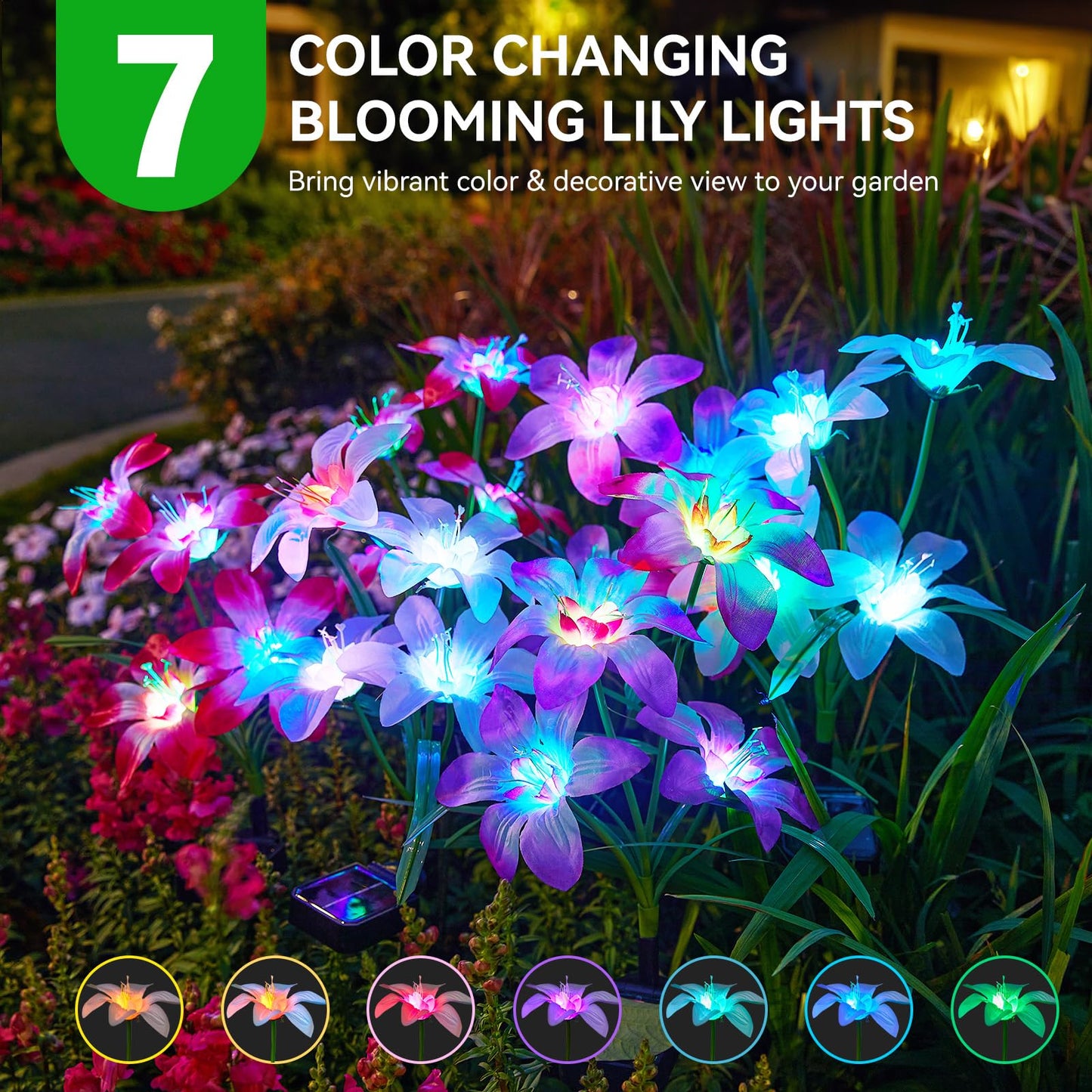 WdtPro Solar Garden Lights, 8 Pack RGB with 32 Lily Flowers, Waterproof, Multicolor, Model TFL001