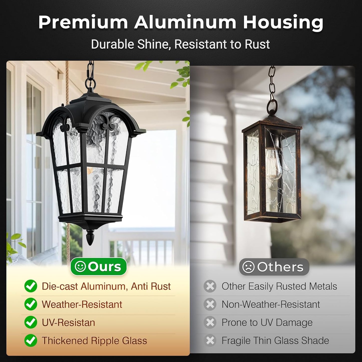 VIANIS 18.7'' Large Outdoor Pendant Lights, Black Hanging Porch Light Fixture, Aluminum Outside Ceiling Lights for House, Porch, Doorway, Vintage Style, Waterproof and Anti-Rust