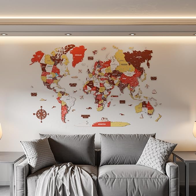 Colorfull Worlds 3D Wooden World Map Wall Art - Premium Multicolored World Travel Map for Wall Decor with Push Pins- Ideal Housewarming Gift & Travel Tracker (XLarge, Terracota)