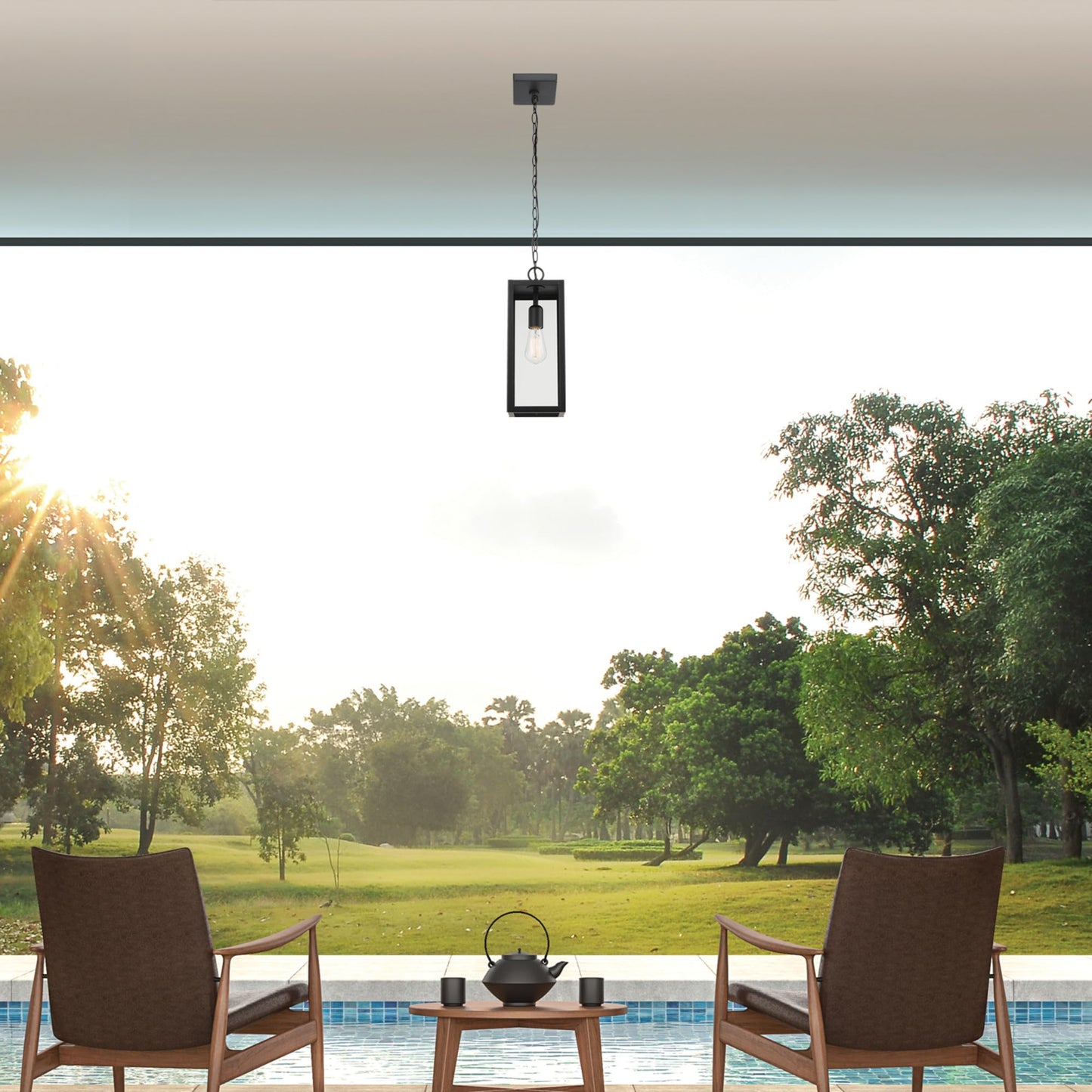 Globe Electric 44773 Outdoor Pendant Light, Matte Black Metal, Clear Glass Shade, E26 Base, Modern Vintage Design