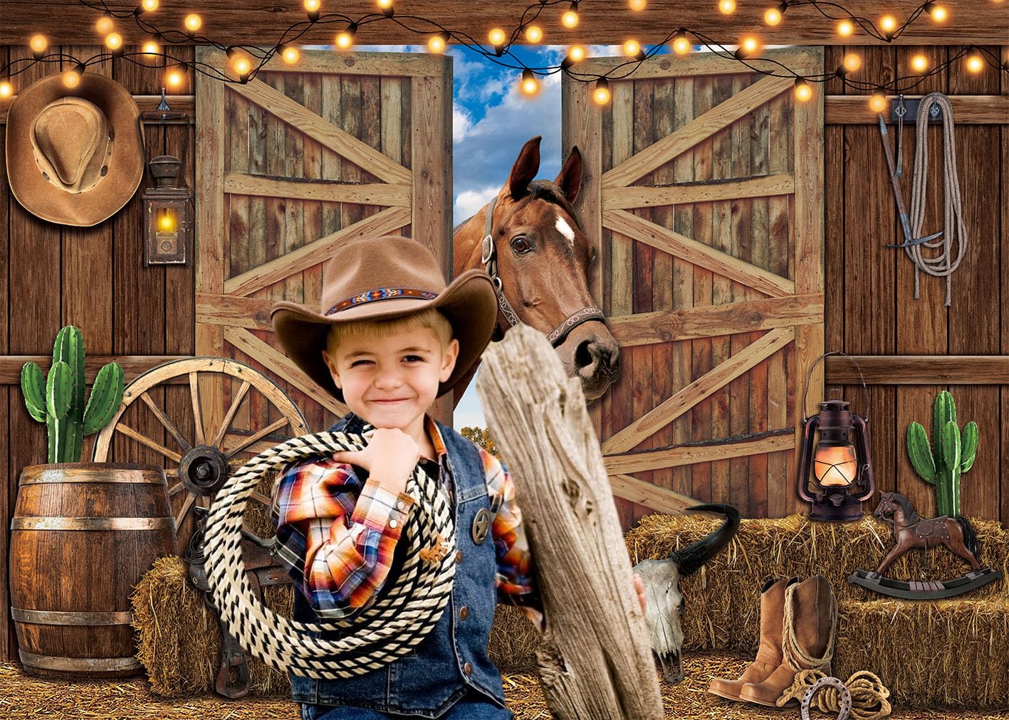 Pgsweer 7X5Ft Western Cowboy Backdrop Cowboys Horse Photography Background Rustic Wooden Barn House Western Party Decorations Ba