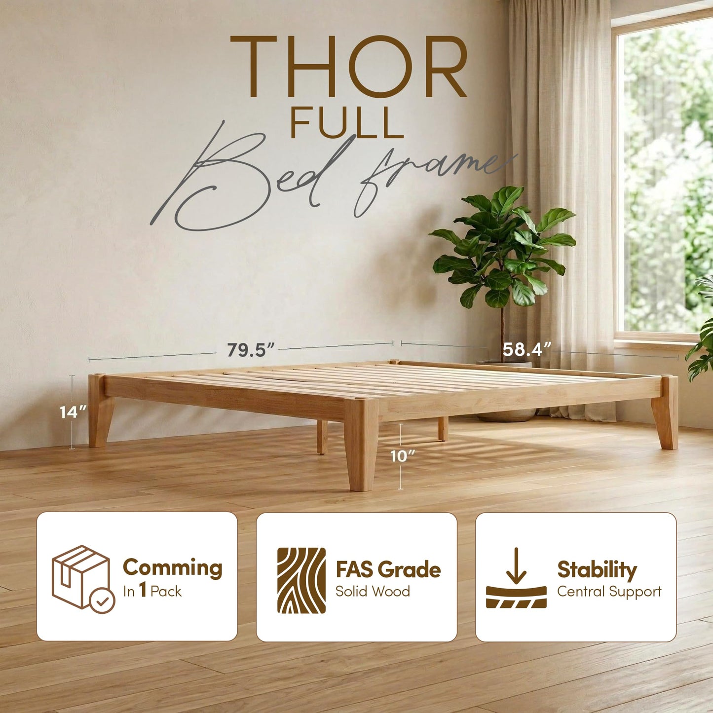 AllForWood Thor Premium Solid Wood Bed Frame Full, Japanese Joinery Bed Frame with Wood Slat Support, Platform Bed, No Box Spring Needed, Easy Assembly, Minimalist & Modern Style (Light Oak)