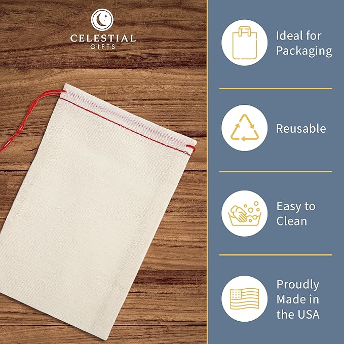 Celestial Gifts Muslin Bags - 100% Cotton Drawstring Bags Medium 25pcs, 4x6, Reusable Tea,Coffee, Jewelry, Gift, Spice Pouch and Sachet Bag - Made in USA - (Red Drawstring)